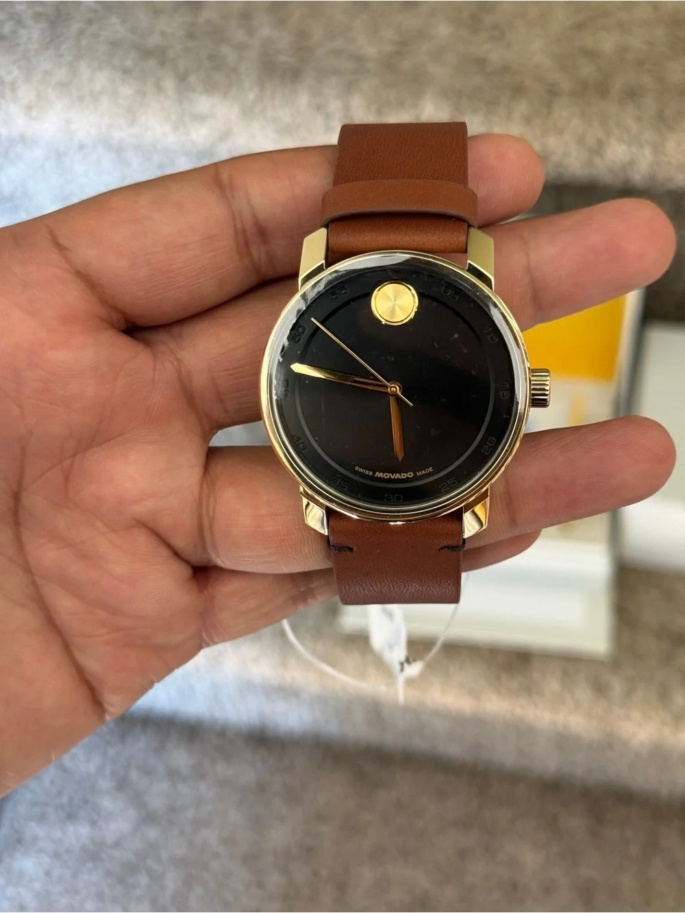 Movado bold Gold-Tone Case Black Dial Brown Leather Strap mens Watch